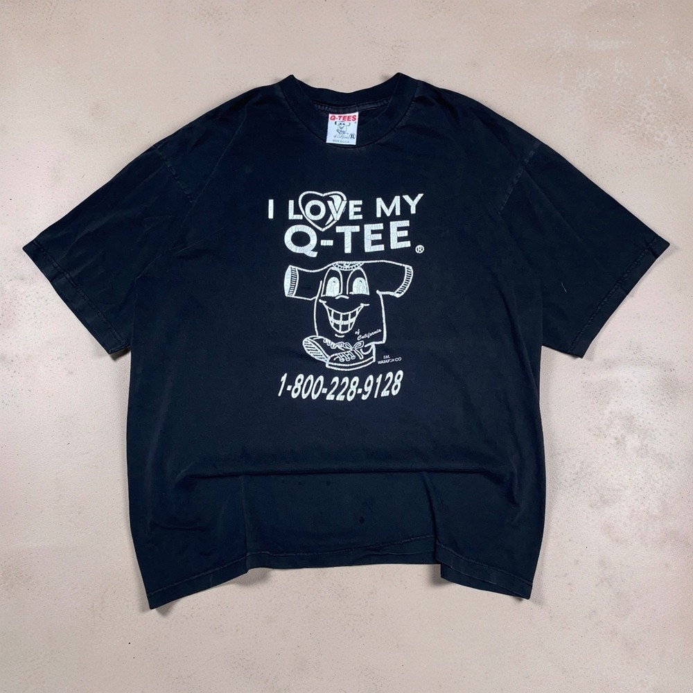 Vintage Q-Tees Promo Graphic Tee Mens XL Black USA Made Rare 90s T-Shirt